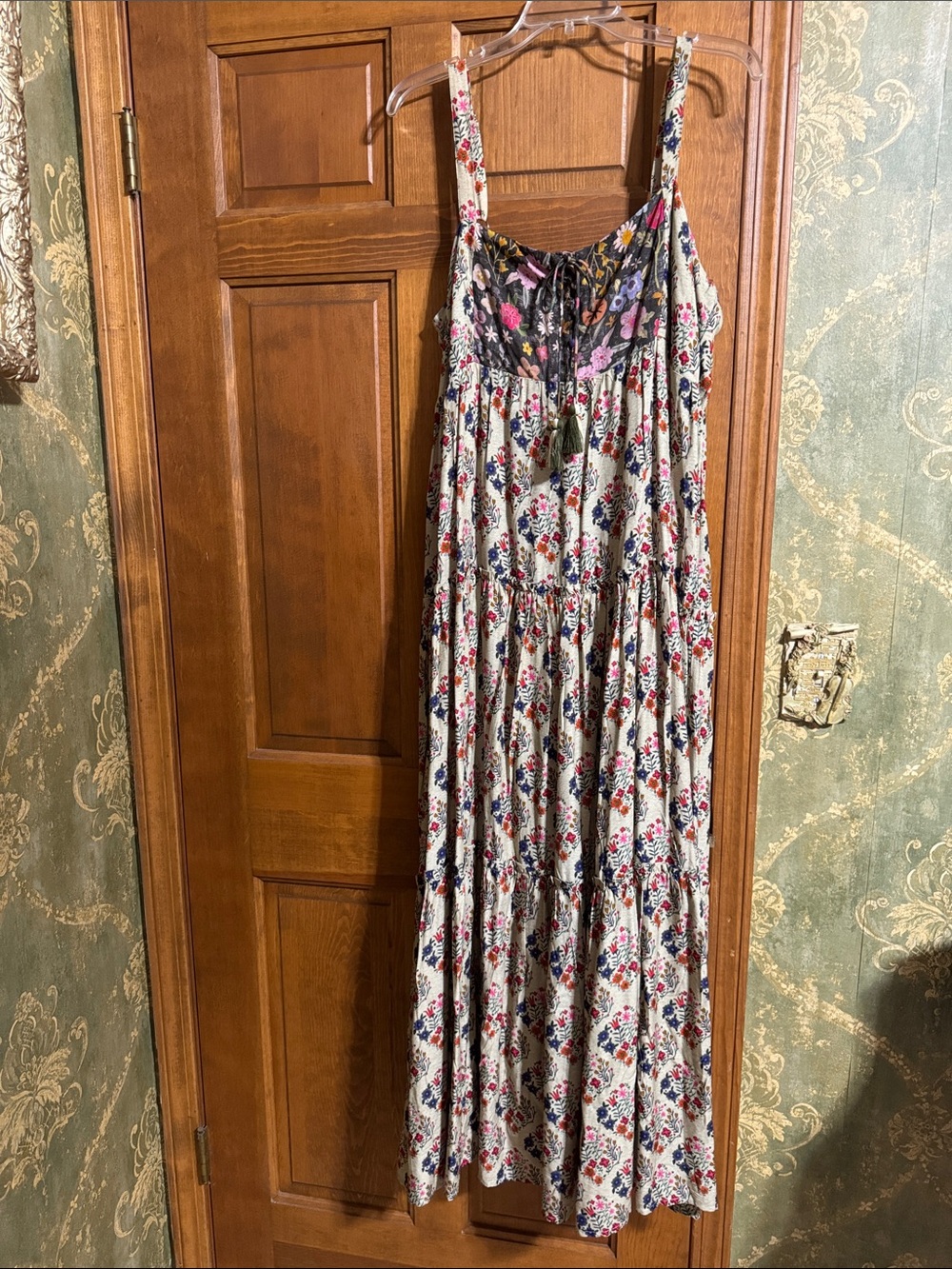 NATURAL LIFE Cream Floral Tiered Maxi with Navy Lace-Up Bodice